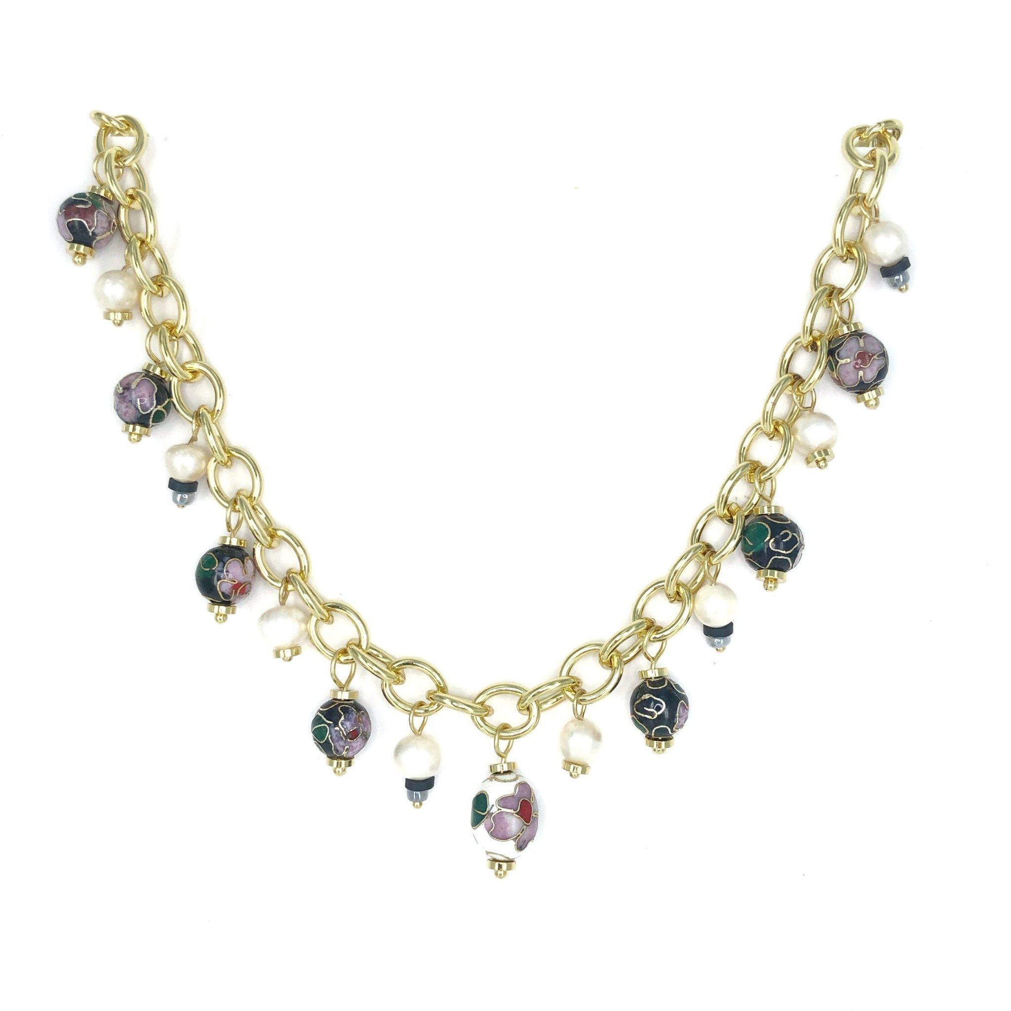 'DONNA' CLOISONNE & PEARLS NECKLACE IN BLACK - Ibiza Passion