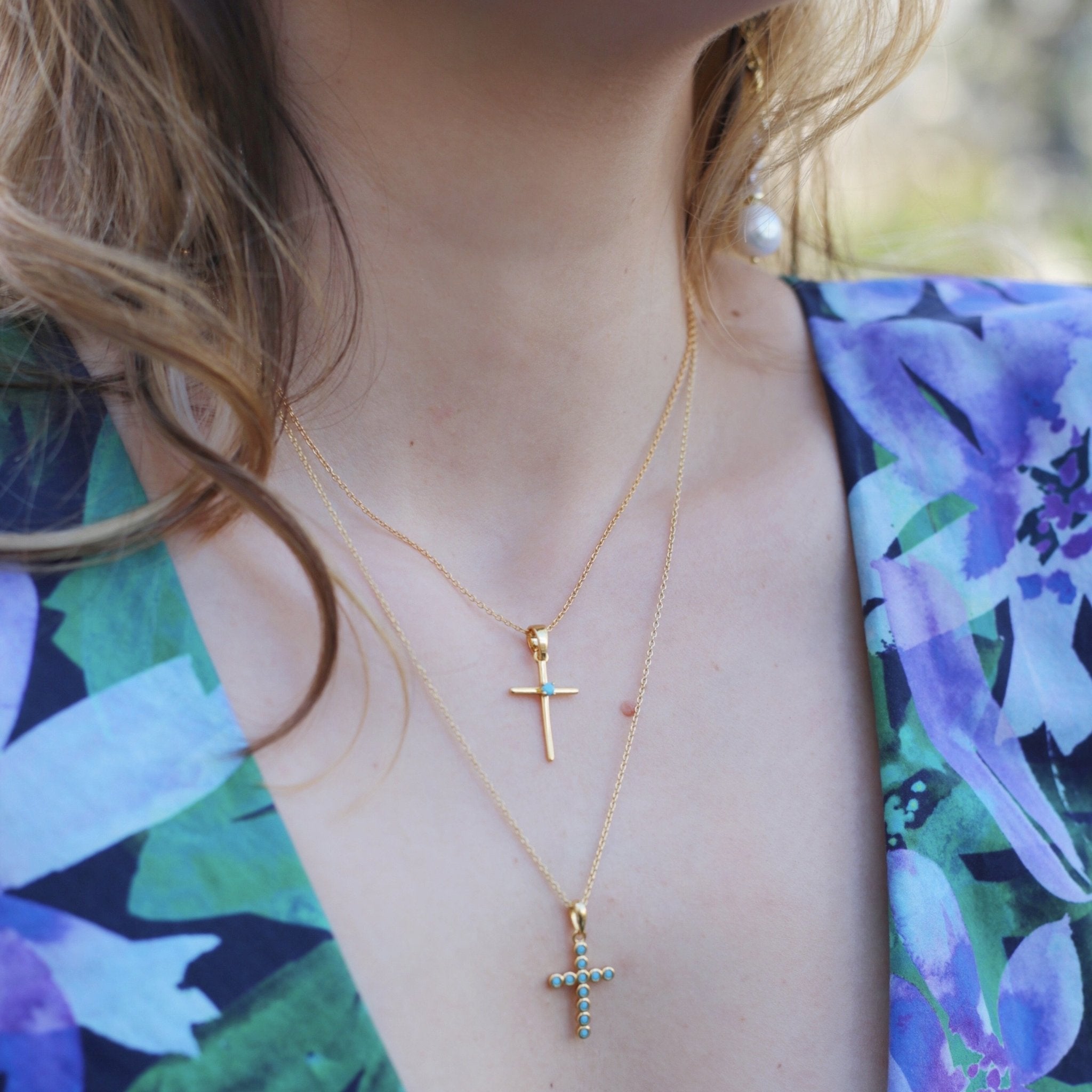 'GOLDIE' Cross Necklace with Turquoise - Ibiza Passion
